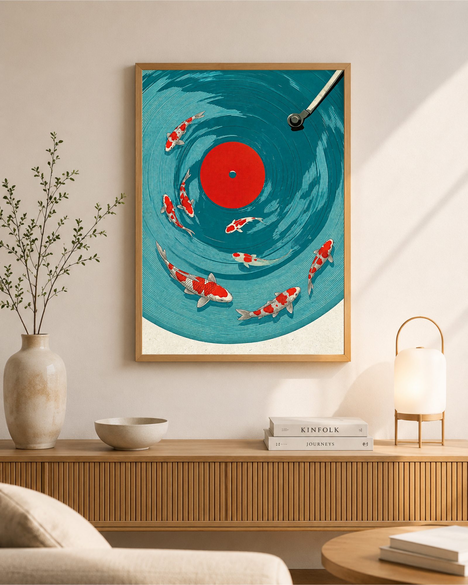 Koi Fish Vinyl Record Art, Japanese Wall Print, Retro Music Poster, Digital Download