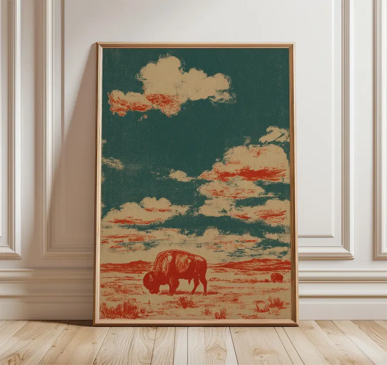Vintage Bison Wall Art, Retro Western Poster,