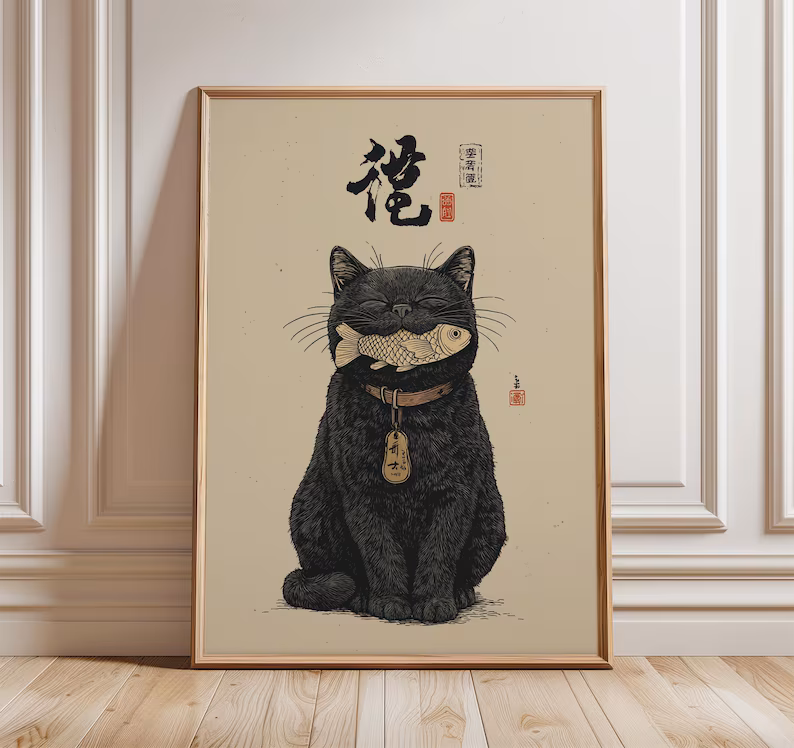 Black Lucky Cat Ukiyo-e Art Print, Japanese Fish Charm Wall Decor