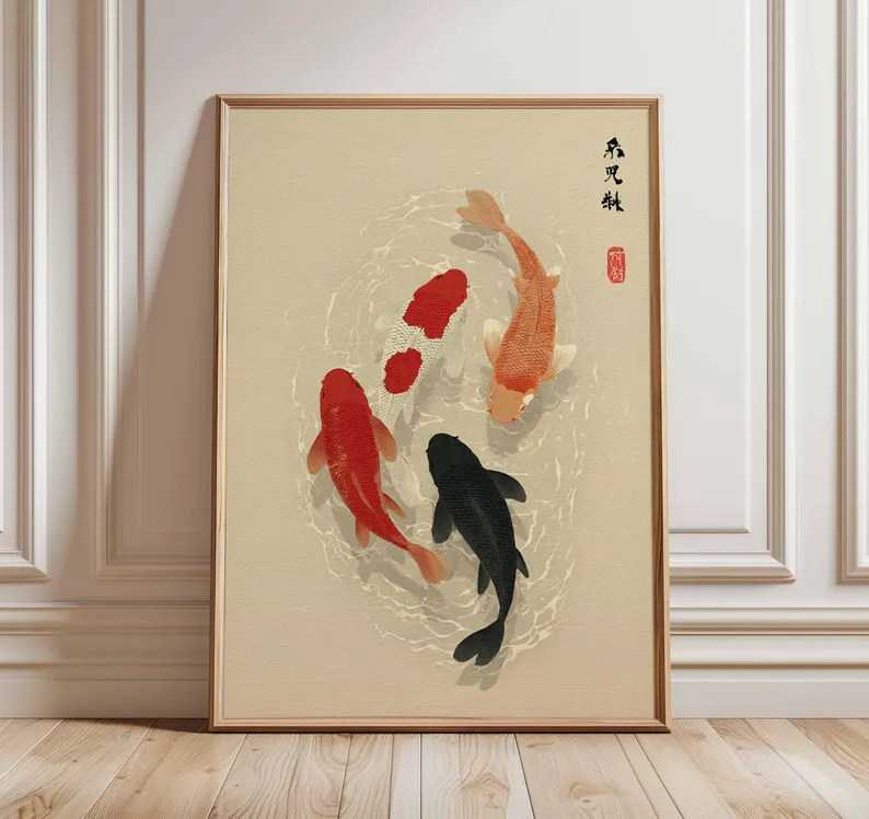 Japanese Koi Fish Poster, Minimalist Asian Wall Art